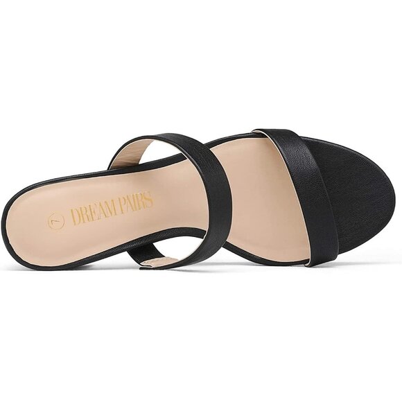 🆕Women Black PU Polyurethane Two Strap Open Toe Low Block Chunky Heel Sandals - Picture 4 of 8